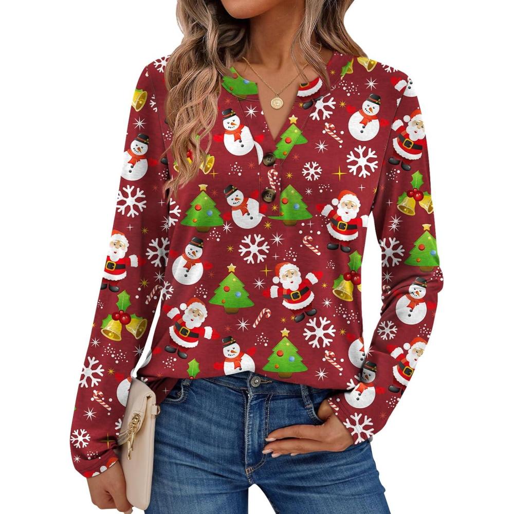 imageAUTOMET Womens Long Sleeve Shirts 2025 Fall Fashion Dressy Casual Tops Trendy Henley Blouses Cute Work Outfits ClothesRed Christmas Print
