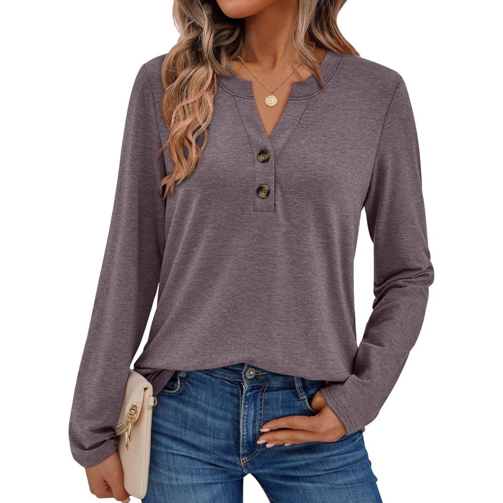 imageAUTOMET Womens Long Sleeve Shirts 2025 Fall Fashion Dressy Casual Tops Trendy Henley Blouses Cute Work Outfits ClothesRose Taupe