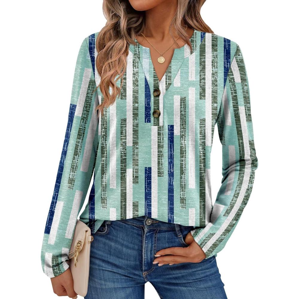 imageAUTOMET Womens Long Sleeve Shirts 2025 Fall Fashion Dressy Casual Tops Trendy Henley Blouses Cute Work Outfits ClothesStriped Teal