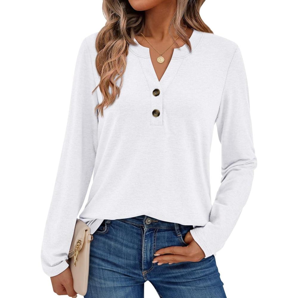 imageAUTOMET Womens Long Sleeve Shirts 2025 Fall Fashion Dressy Casual Tops Trendy Henley Blouses Cute Work Outfits ClothesWhite