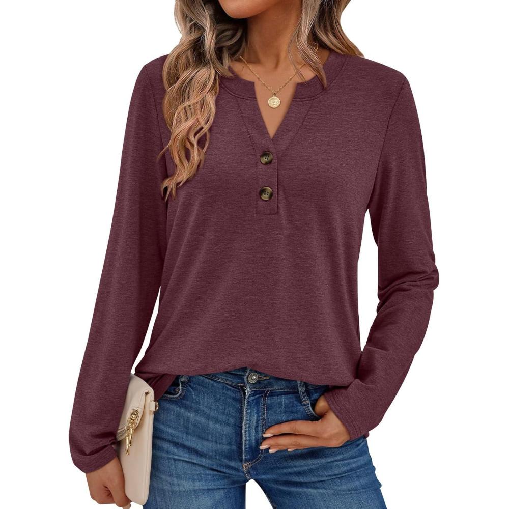 imageAUTOMET Womens Long Sleeve Shirts 2025 Fall Fashion Dressy Casual Tops Trendy Henley Blouses Cute Work Outfits ClothesWine