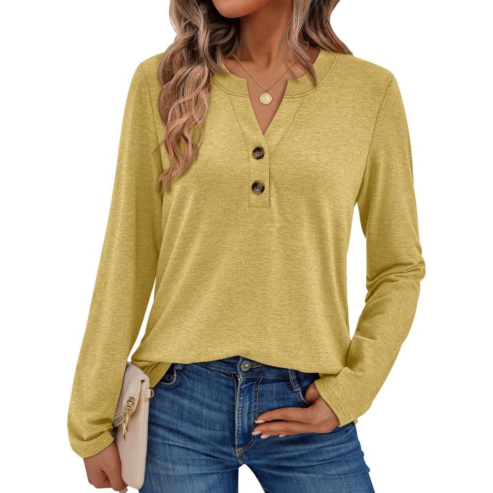 imageAUTOMET Womens Long Sleeve Shirts 2025 Fall Fashion Dressy Casual Tops Trendy Henley Blouses Cute Work Outfits ClothesYellow