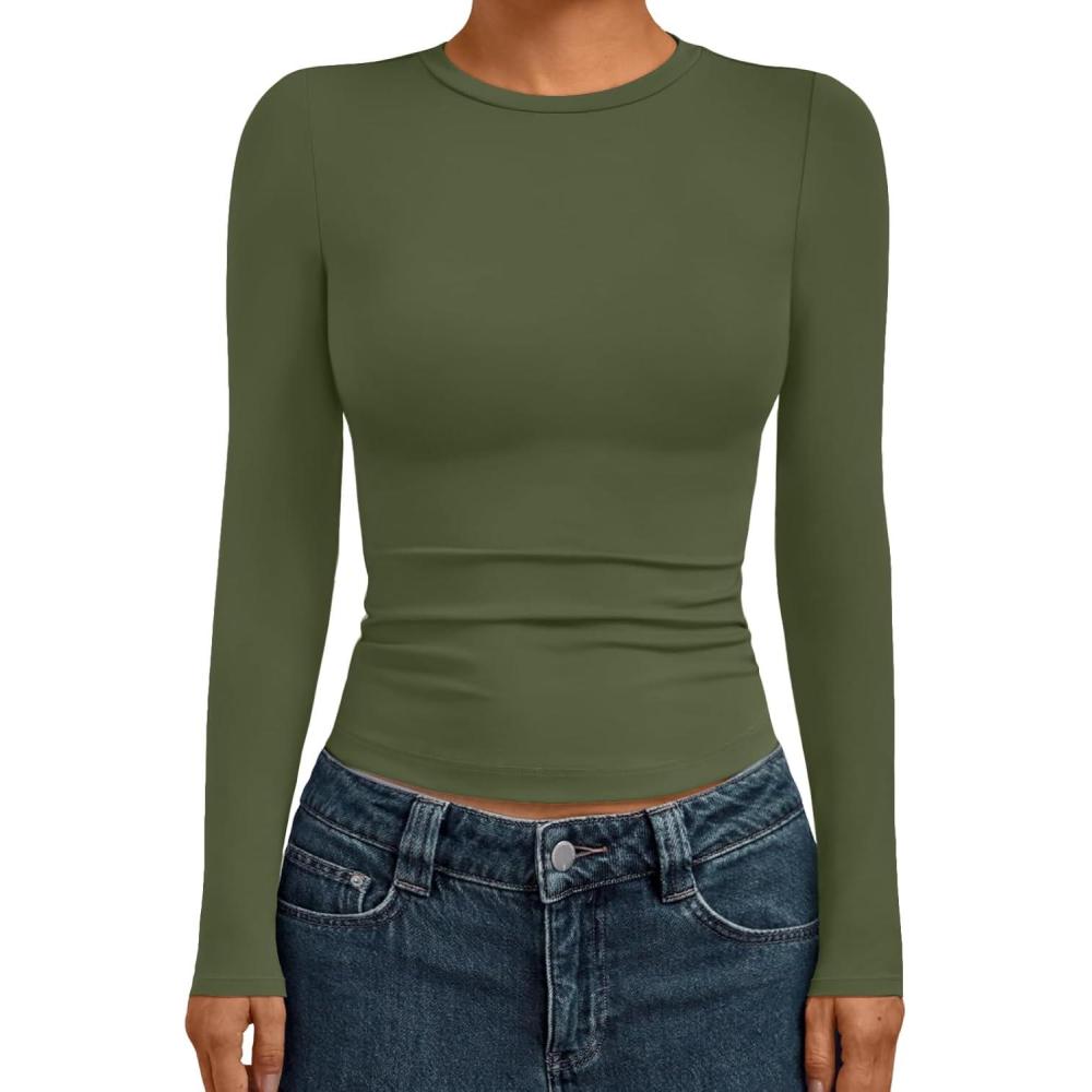 imageAUTOMET Womens Long Sleeve Shirts Basic Compression Going Out Crop Tops Fall Fashion Y2K Clothes 2025Armygreen