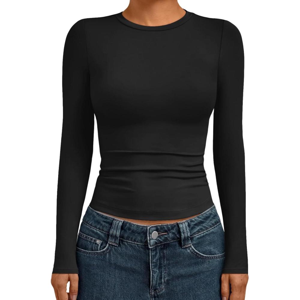 imageAUTOMET Womens Long Sleeve Shirts Basic Compression Going Out Crop Tops Fall Fashion Y2K Clothes 2025Black