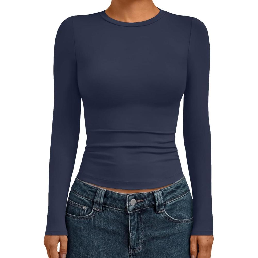 imageAUTOMET Womens Long Sleeve Shirts Basic Compression Going Out Crop Tops Fall Fashion Y2K Clothes 2025Navy
