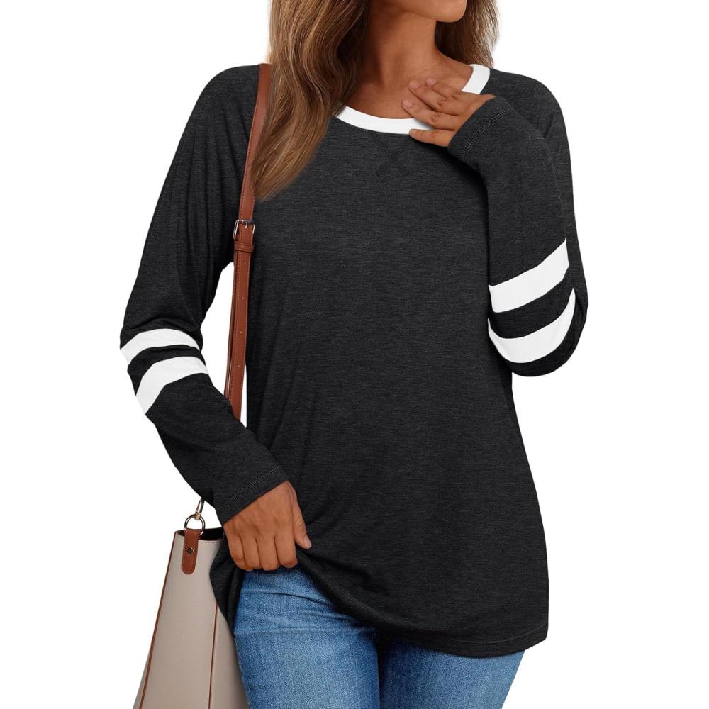 imageAUTOMET Womens Long Sleeve Shirts Color Block Casual Crewneck Tops Tshirt Basic Tee Fall Fashion Winter Clothing OutfitsBlack