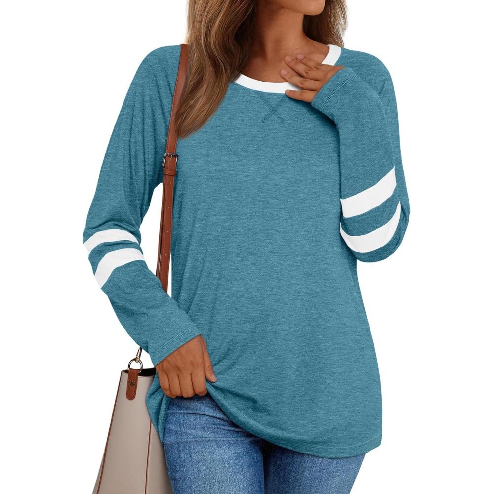 imageAUTOMET Womens Long Sleeve Shirts Color Block Casual Crewneck Tops Tshirt Basic Tee Fall Fashion Winter Clothing OutfitsBluegreen