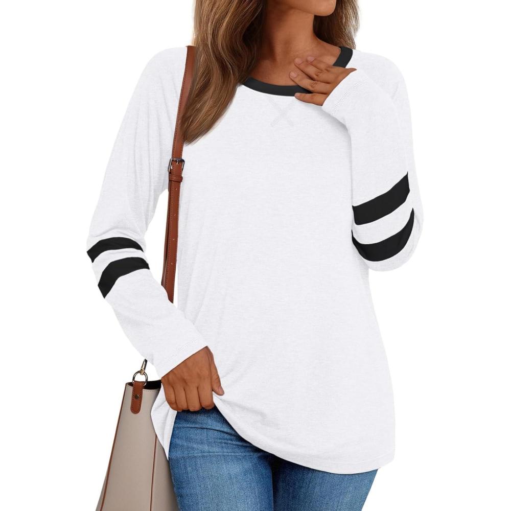 imageAUTOMET Womens Long Sleeve Shirts Color Block Casual Crewneck Tops Tshirt Basic Tee Fall Fashion Winter Clothing OutfitsWhite
