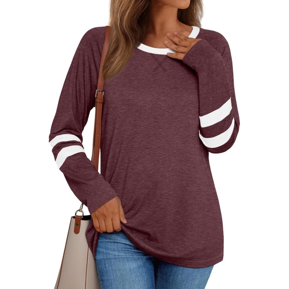imageAUTOMET Womens Long Sleeve Shirts Color Block Casual Crewneck Tops Tshirt Basic Tee Fall Fashion Winter Clothing OutfitsWinered