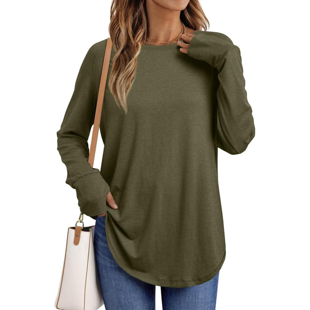 imageAUTOMET Womens Long Sleeve Shirts Crew Neck Casual Tshirts Fall Fashion Tops Loose Fit Lightweight Y2k Outfits ClothesArmygreen
