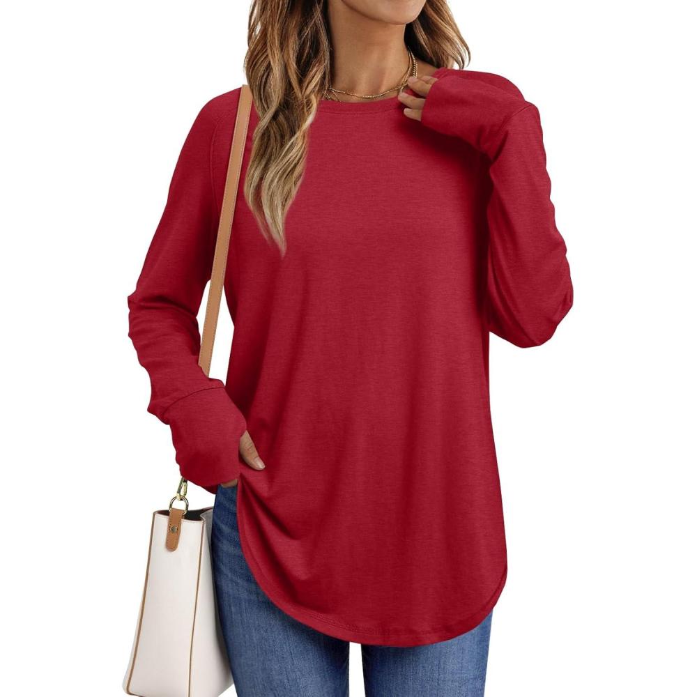 imageAUTOMET Womens Long Sleeve Shirts Crew Neck Casual Tshirts Fall Fashion Tops Loose Fit Lightweight Y2k Outfits ClothesRed