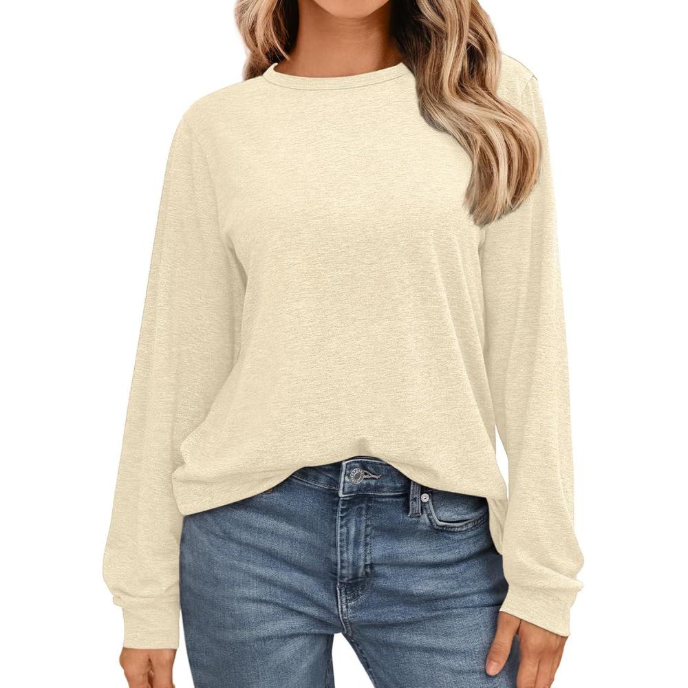 imageAUTOMET Womens Long Sleeve Shirts Fall Solid Color Loose Fit Tunics Tops Oversized Basic Tees Business Casual OutfitsCream