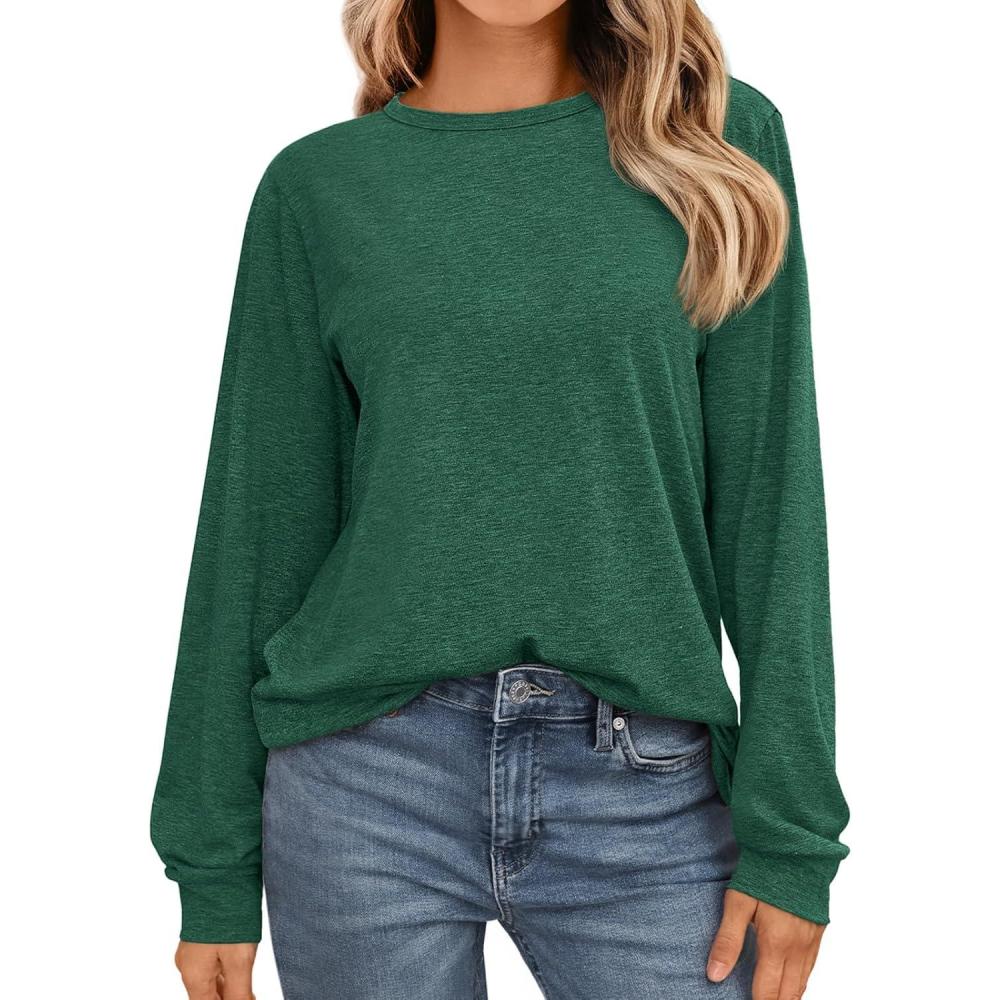 imageAUTOMET Womens Long Sleeve Shirts Fall Solid Color Loose Fit Tunics Tops Oversized Basic Tees Business Casual OutfitsDark Green