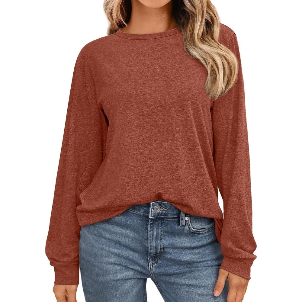 imageAUTOMET Womens Long Sleeve Shirts Fall Solid Color Loose Fit Tunics Tops Oversized Basic Tees Business Casual OutfitsRust