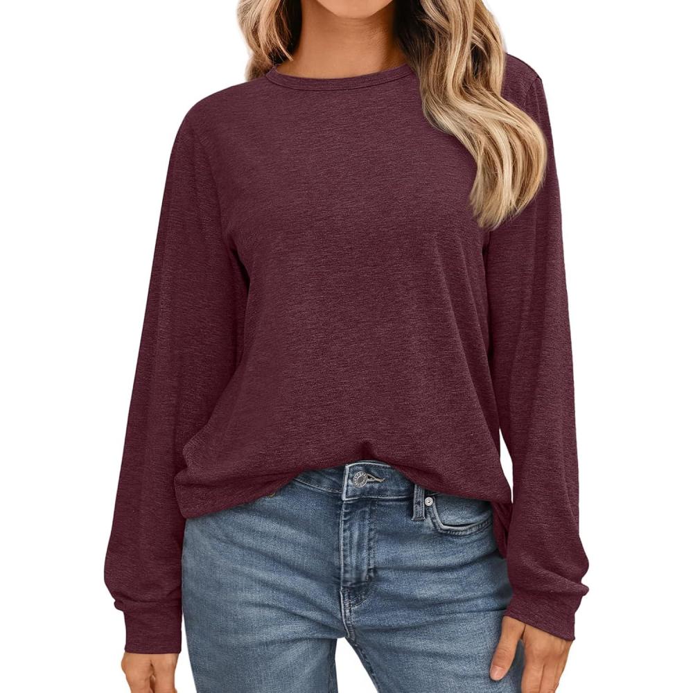 imageAUTOMET Womens Long Sleeve Shirts Fall Solid Color Loose Fit Tunics Tops Oversized Basic Tees Business Casual OutfitsWine Red
