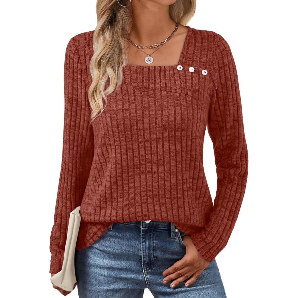 imageAUTOMET Womens Long Sleeve Shirts Fall Tops Fashion Outfits 2025 Asymmetric Square Neck Sweaters Dressy Casual Tunic ClothesCaramel