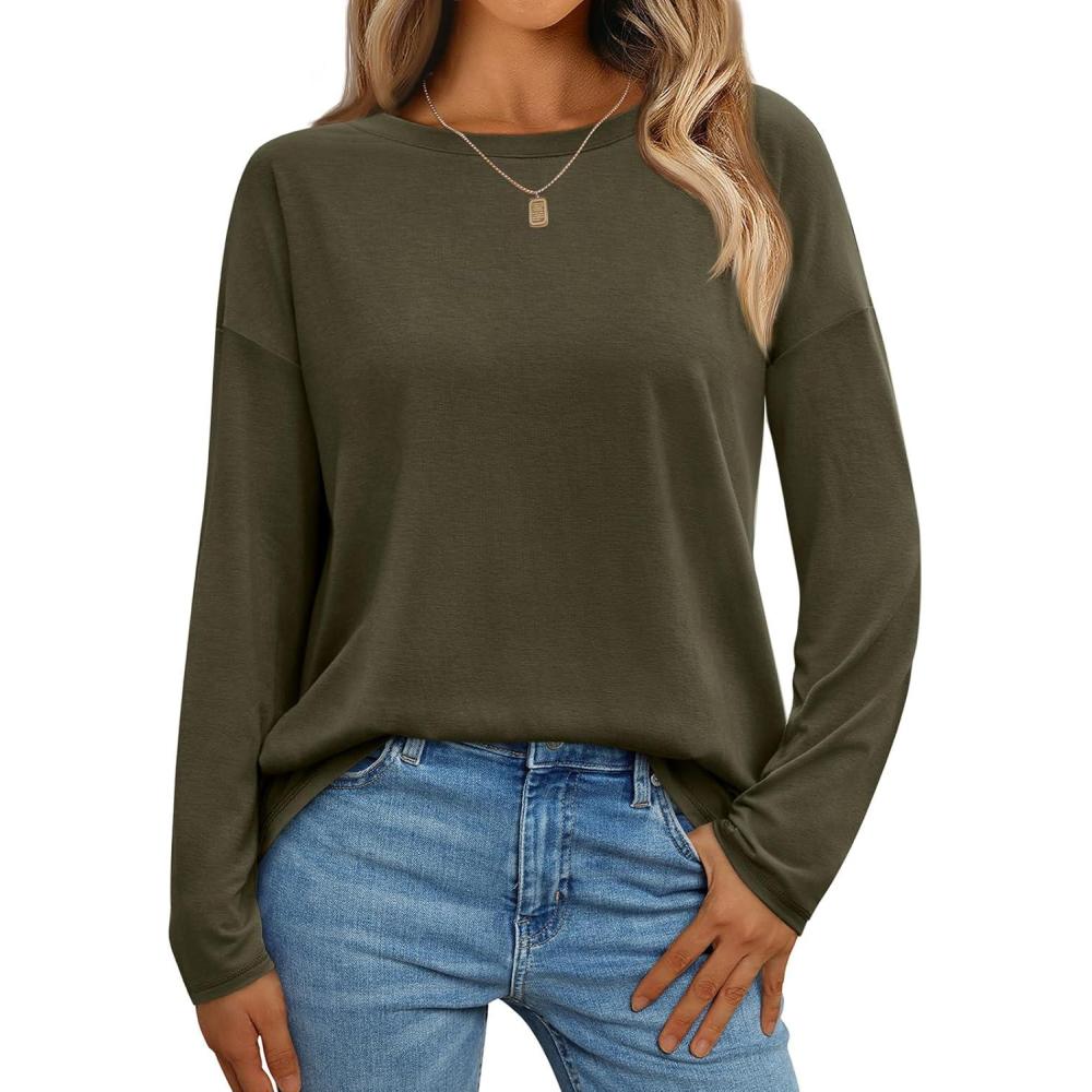 imageAUTOMET Womens Long Sleeve Shirts Loose Fitted Crewneck Basic Tops Casual Outfits Fall Clothes 2025Army Green