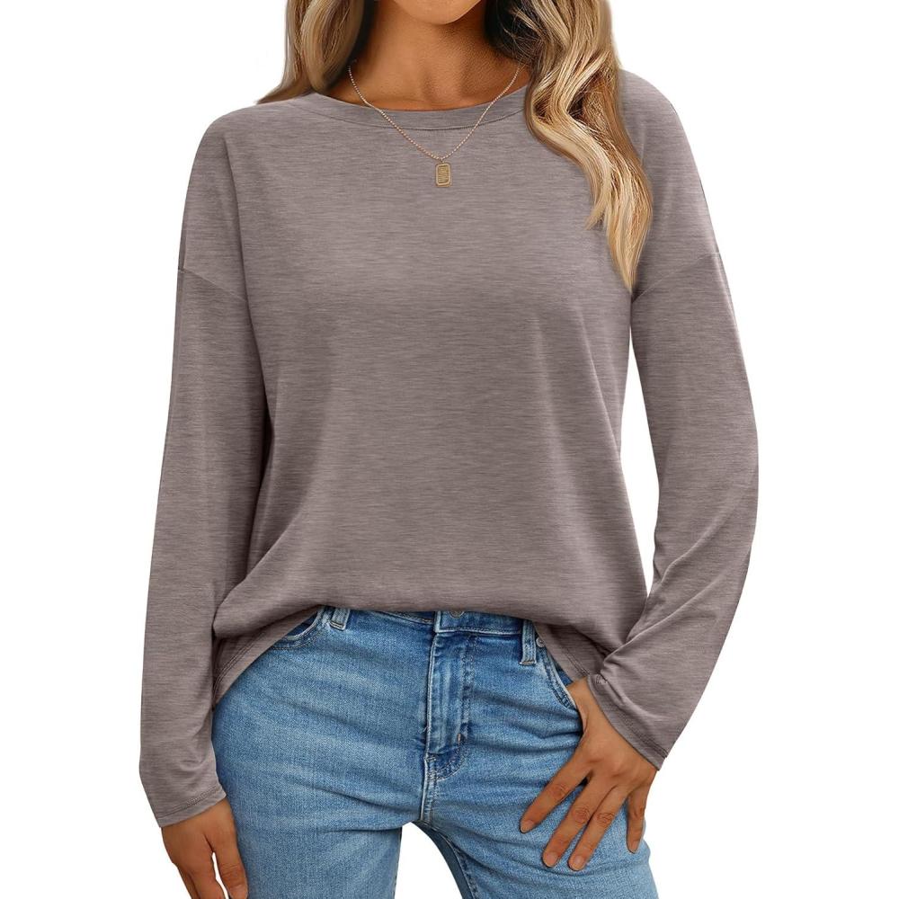 imageAUTOMET Womens Long Sleeve Shirts Loose Fitted Crewneck Basic Tops Casual Outfits Fall Clothes 2025Coffee Grey