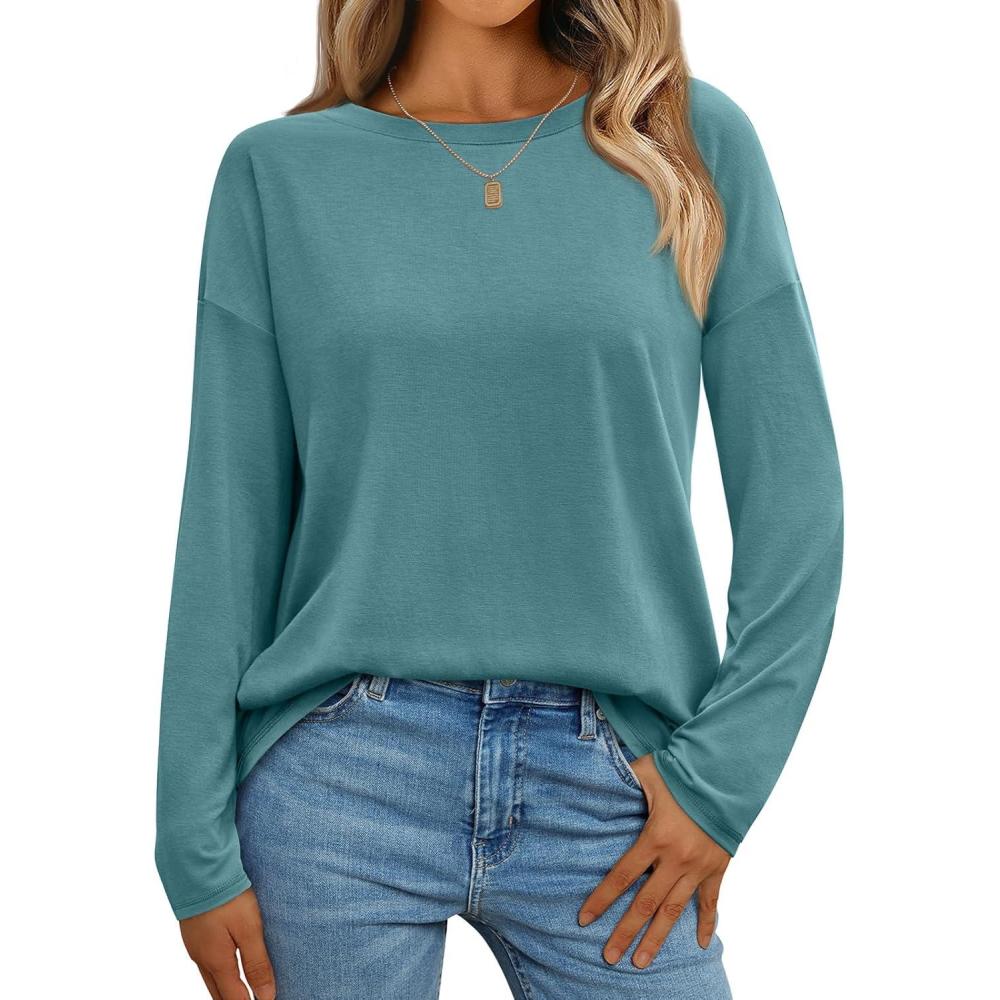 imageAUTOMET Womens Long Sleeve Shirts Loose Fitted Crewneck Basic Tops Casual Outfits Fall Clothes 2025Cyan