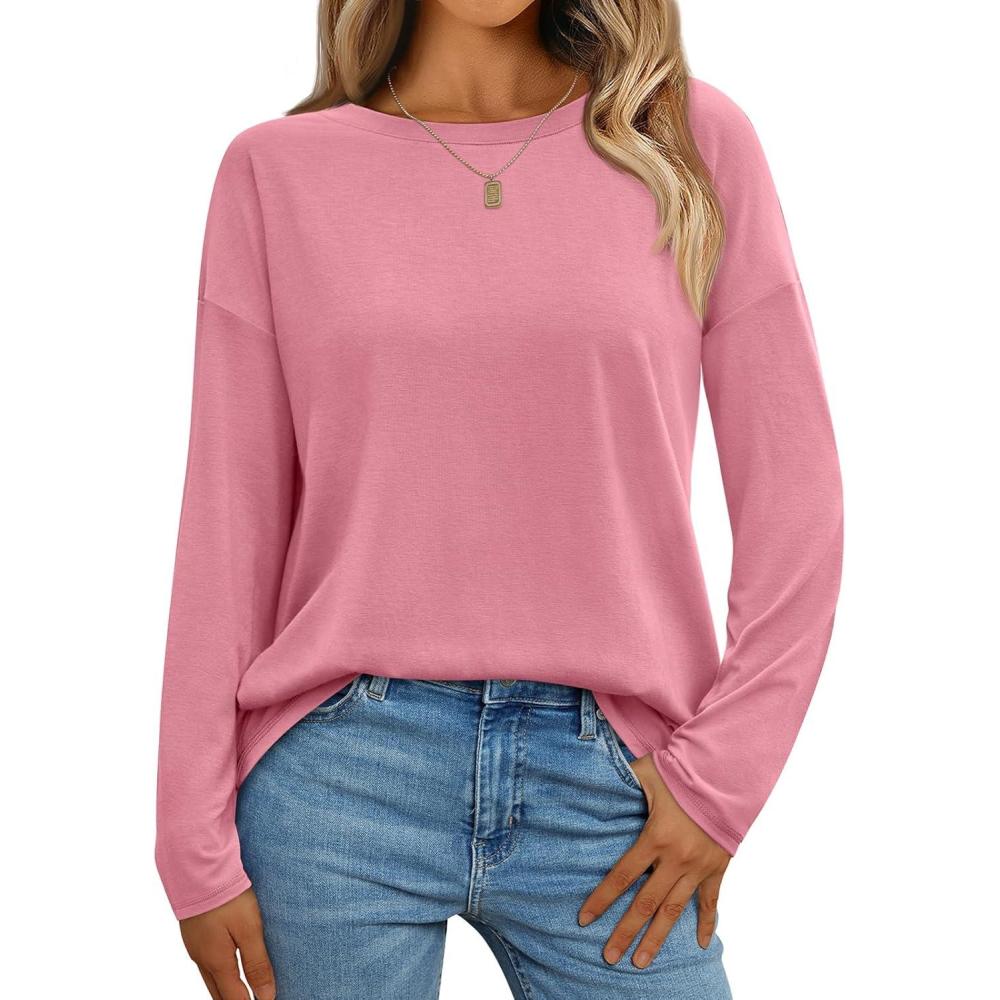 imageAUTOMET Womens Long Sleeve Shirts Loose Fitted Crewneck Basic Tops Casual Outfits Fall Clothes 2025Pink