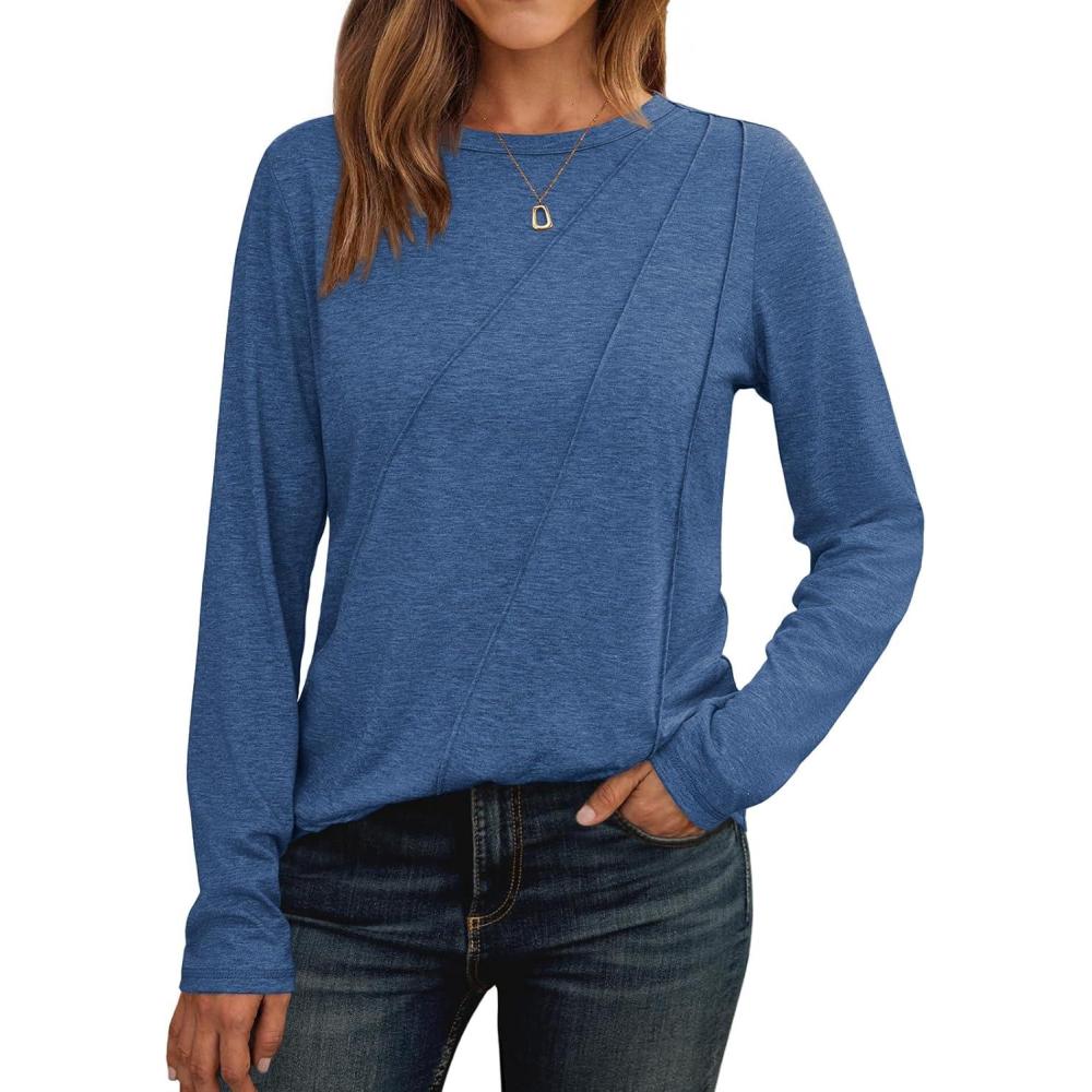 imageAUTOMET Womens Long Sleeve Shirts Pleated Crew Neck Casual Fall Fashion Tops Loose Fit Lightweight Girls Outfits ClothesBlue