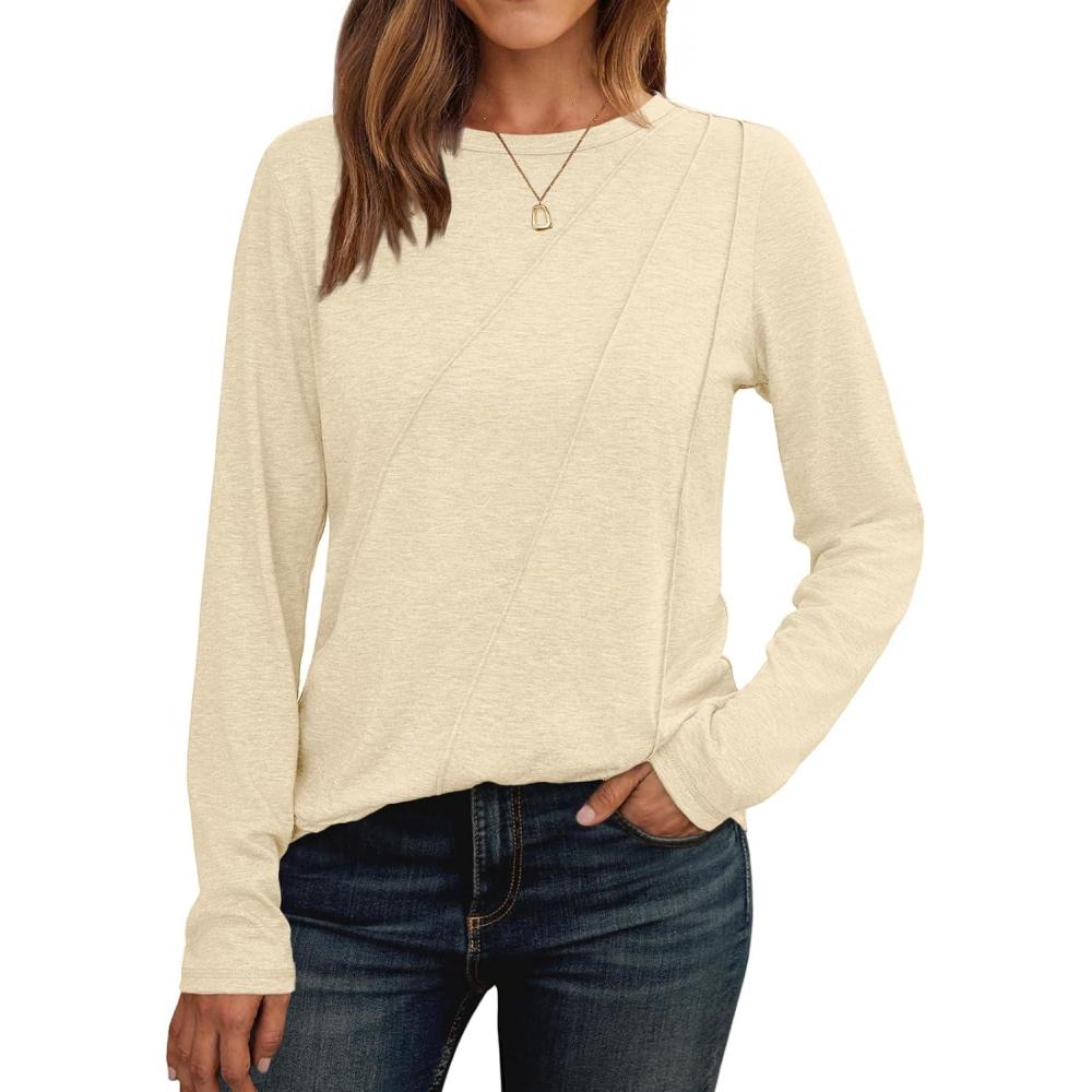 imageAUTOMET Womens Long Sleeve Shirts Pleated Crew Neck Casual Fall Fashion Tops Loose Fit Lightweight Girls Outfits ClothesCream