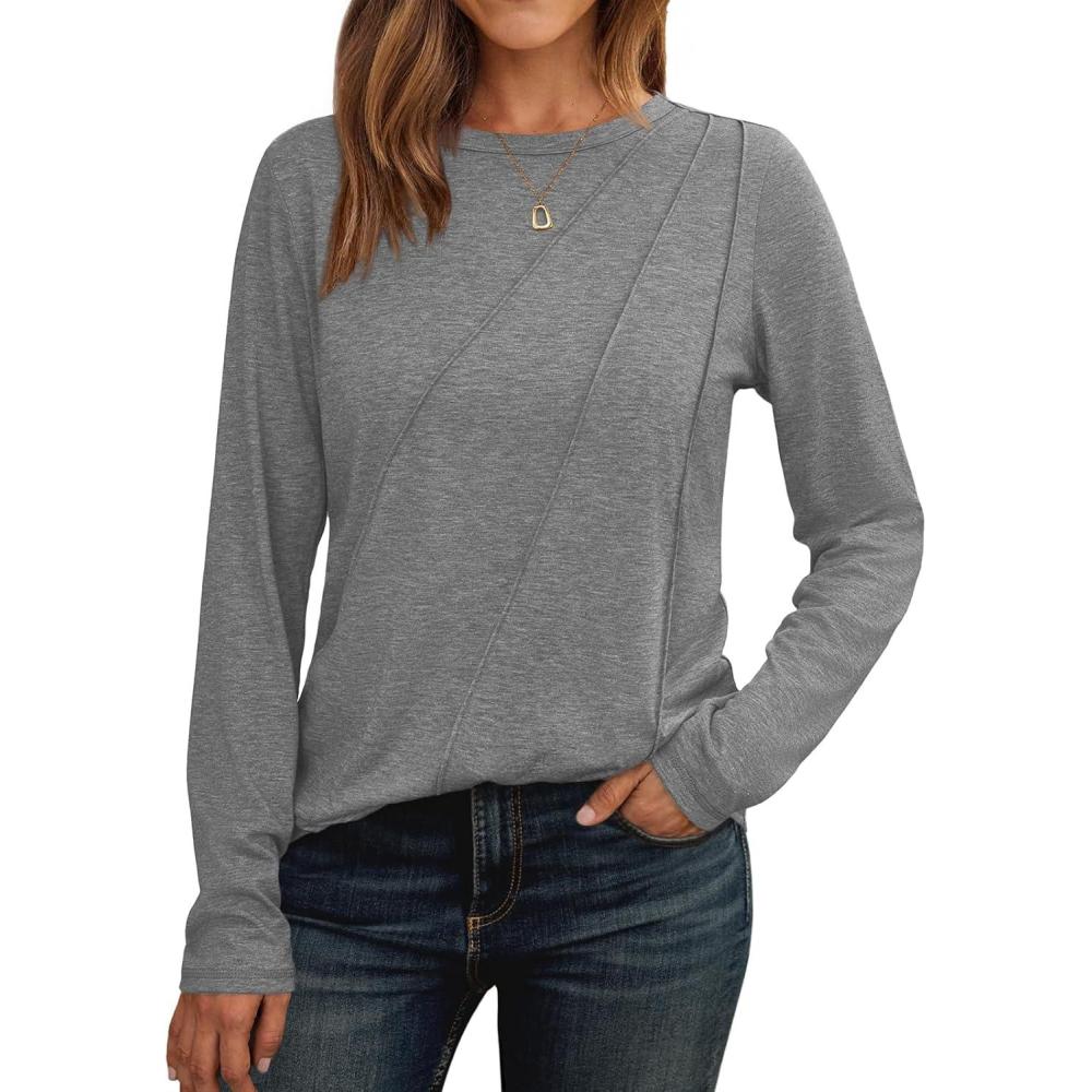 imageAUTOMET Womens Long Sleeve Shirts Pleated Crew Neck Casual Fall Fashion Tops Loose Fit Lightweight Girls Outfits ClothesGrey