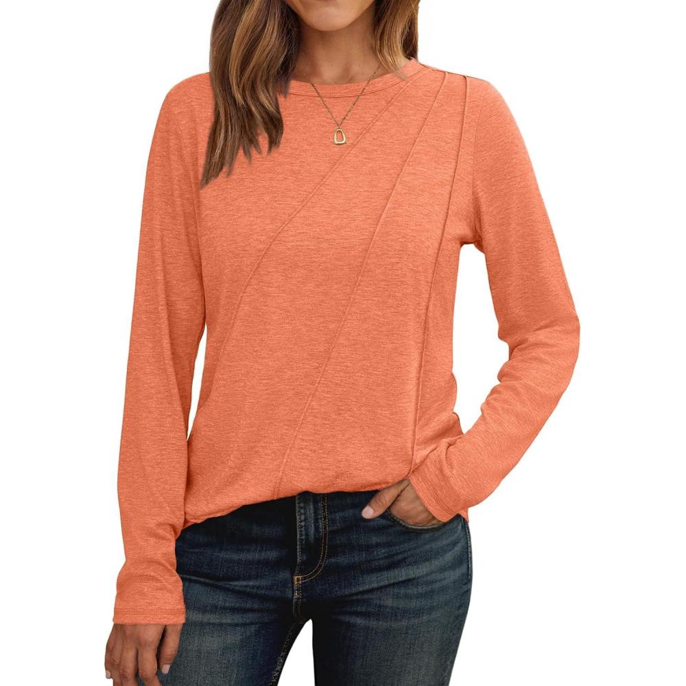 imageAUTOMET Womens Long Sleeve Shirts Pleated Crew Neck Casual Fall Fashion Tops Loose Fit Lightweight Girls Outfits ClothesOrange