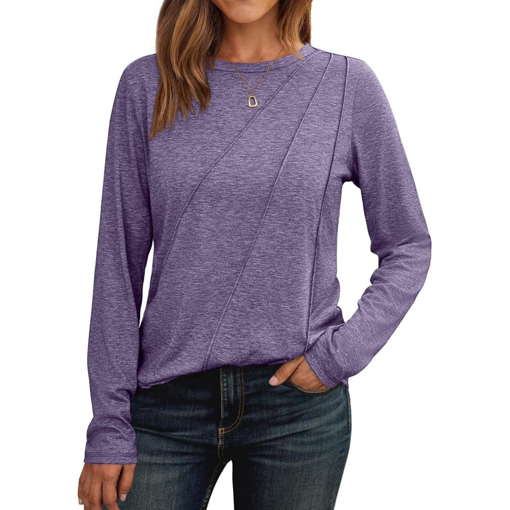 imageAUTOMET Womens Long Sleeve Shirts Pleated Crew Neck Casual Fall Fashion Tops Loose Fit Lightweight Girls Outfits ClothesPurple