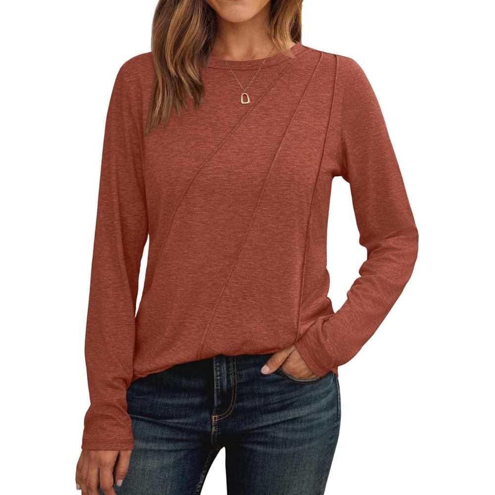 imageAUTOMET Womens Long Sleeve Shirts Pleated Crew Neck Casual Fall Fashion Tops Loose Fit Lightweight Girls Outfits ClothesRust
