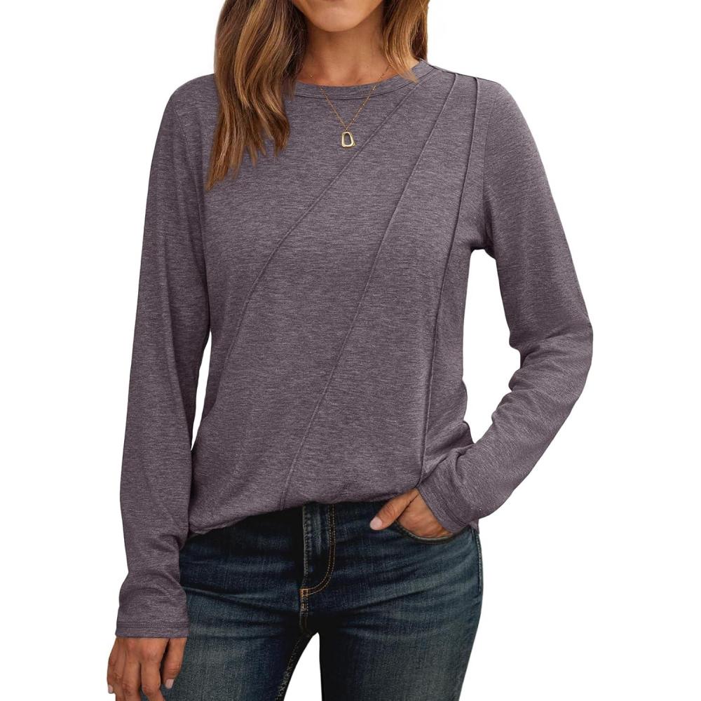 imageAUTOMET Womens Long Sleeve Shirts Pleated Crew Neck Casual Fall Fashion Tops Loose Fit Lightweight Girls Outfits ClothesTaupe