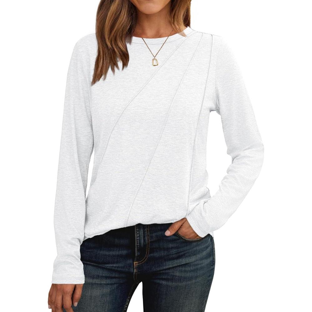 imageAUTOMET Womens Long Sleeve Shirts Pleated Crew Neck Casual Fall Fashion Tops Loose Fit Lightweight Girls Outfits ClothesWhite