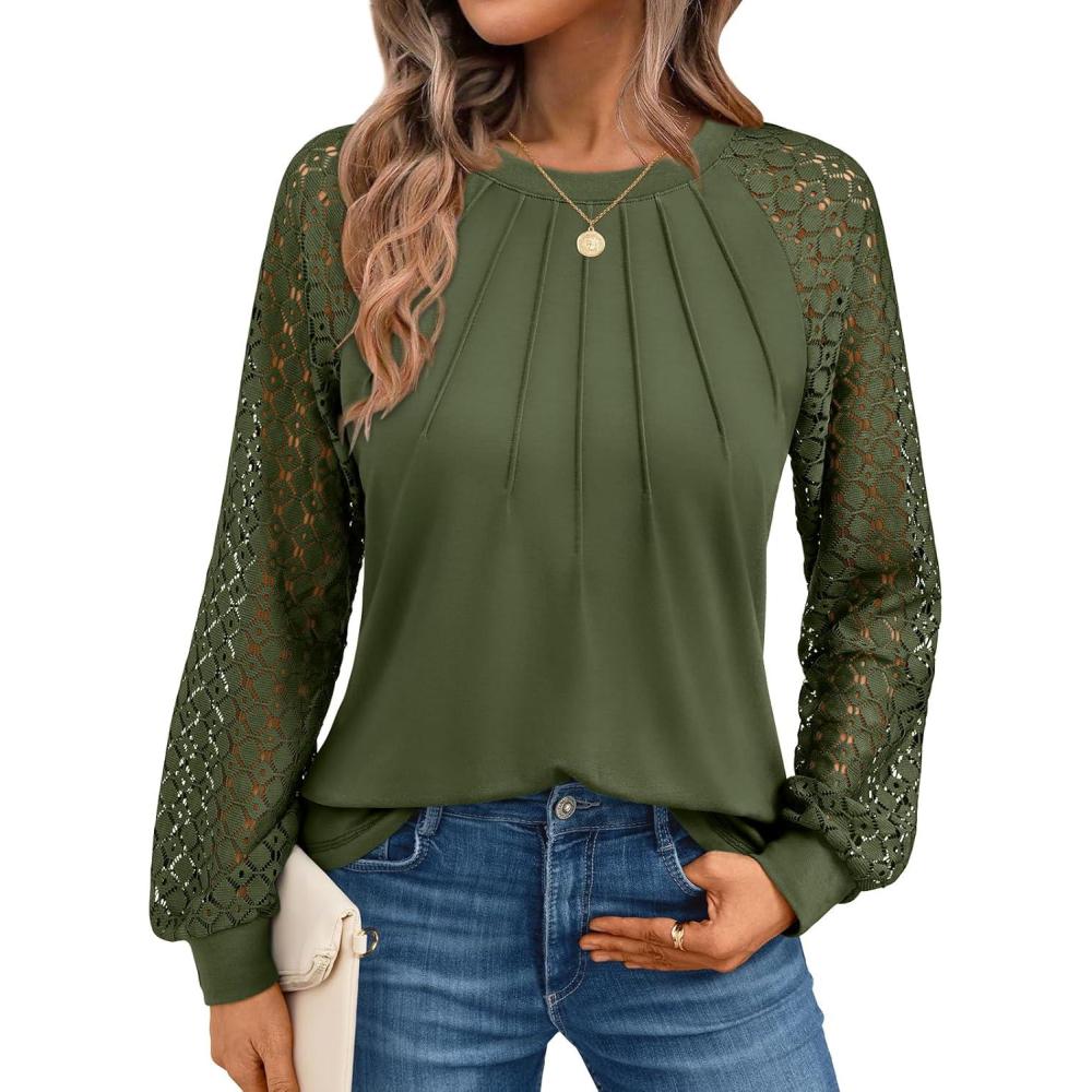 imageAUTOMET Womens Long Sleeve Shirts Pleated Lace Tops Fall Fashion Outfits Business Casual BlousesArmygreen