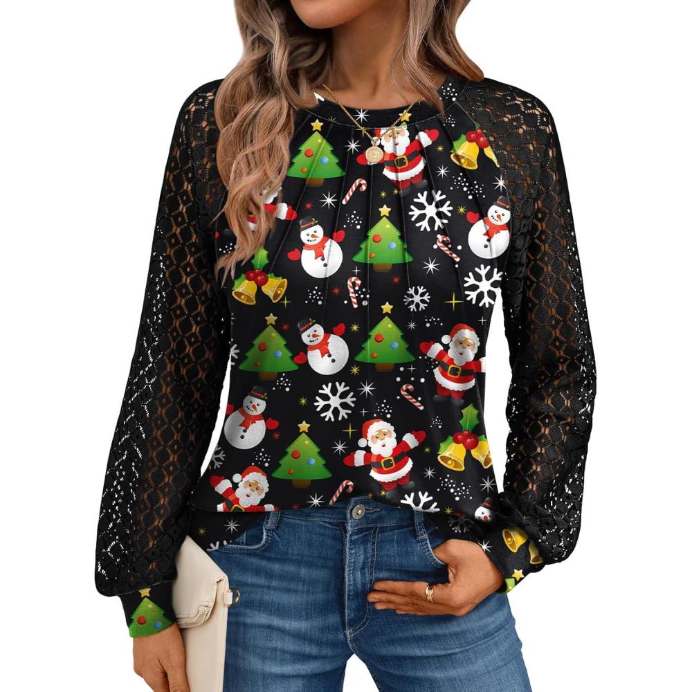 imageAUTOMET Womens Long Sleeve Shirts Pleated Lace Tops Fall Fashion Outfits Business Casual BlousesBlack Snow