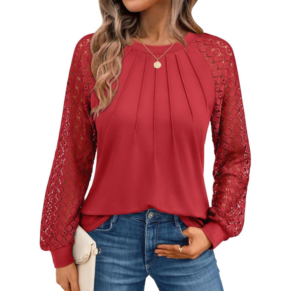 imageAUTOMET Womens Long Sleeve Shirts Pleated Lace Tops Fall Fashion Outfits Business Casual BlousesBrightred
