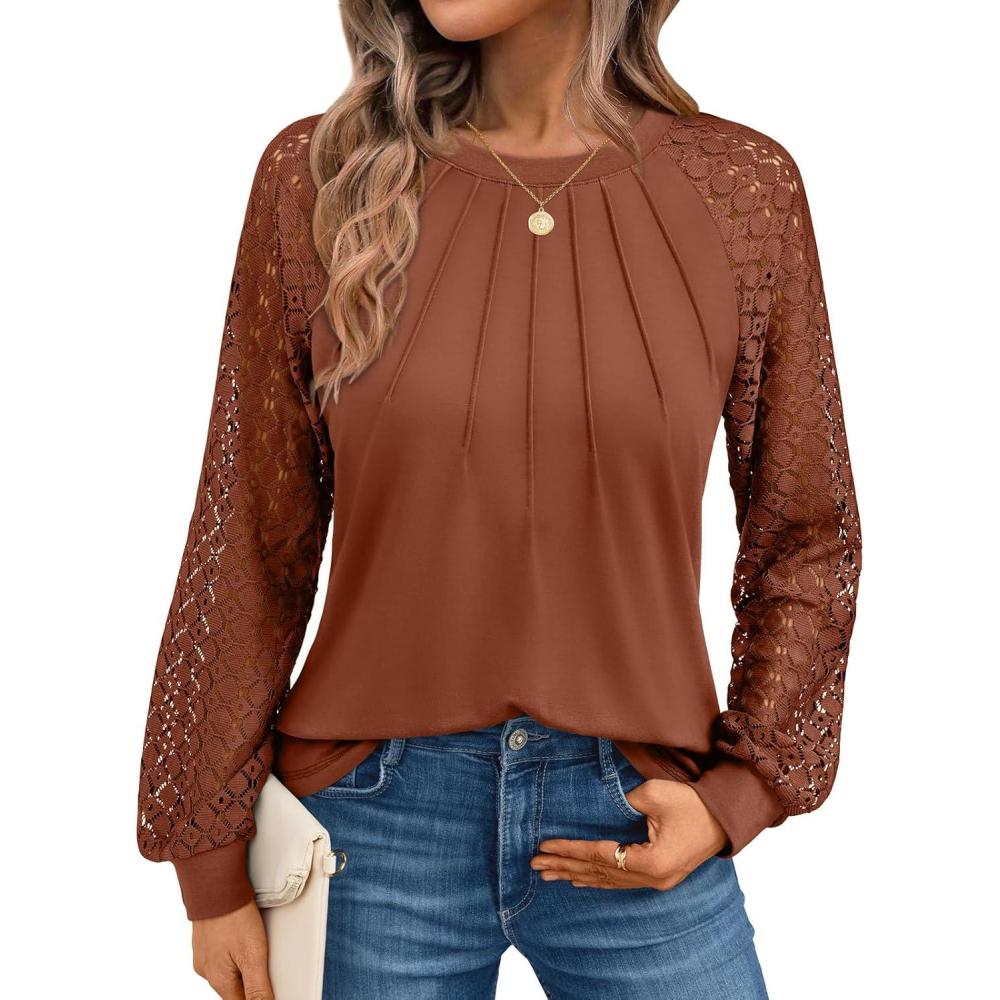 imageAUTOMET Womens Long Sleeve Shirts Pleated Lace Tops Fall Fashion Outfits Business Casual BlousesBrown