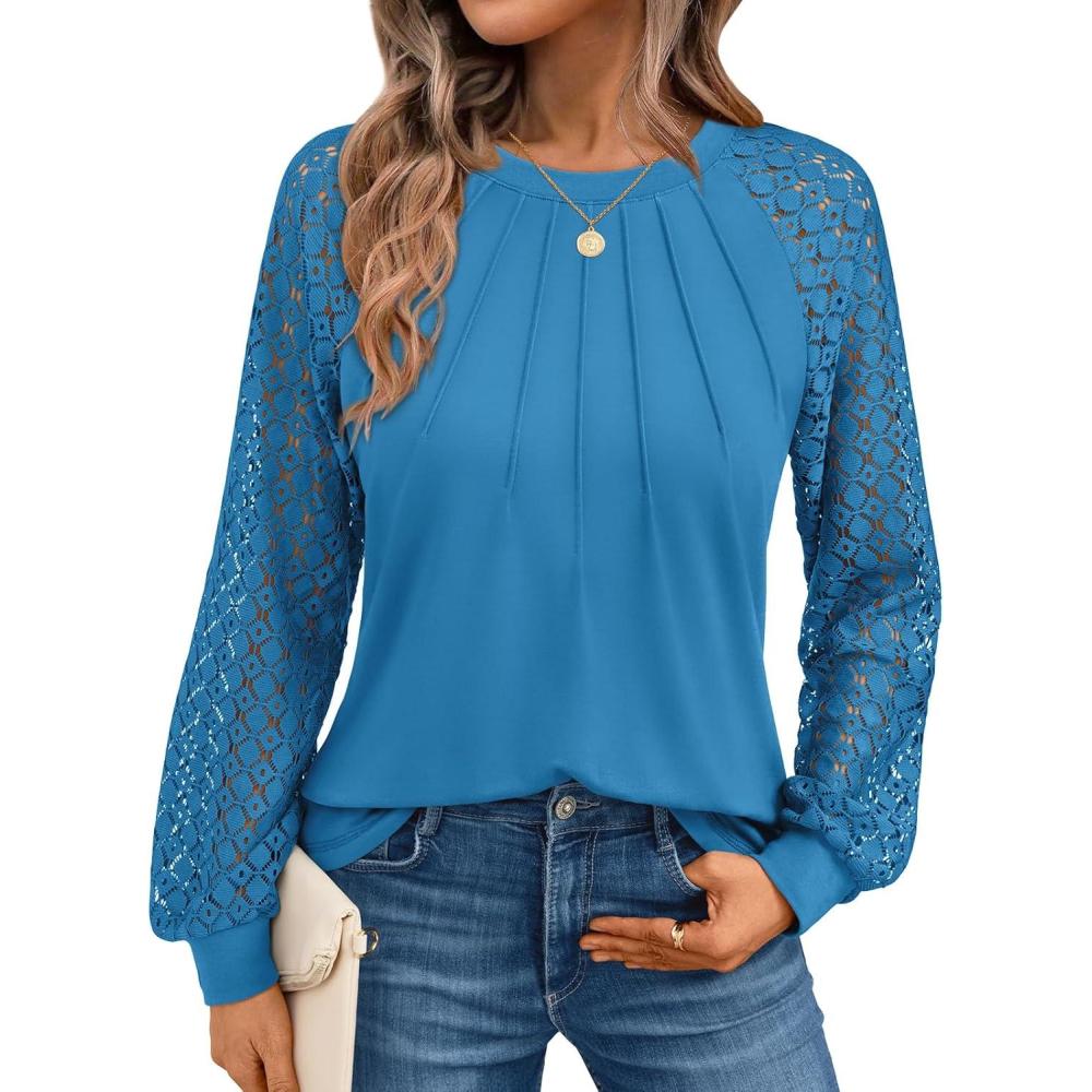 imageAUTOMET Womens Long Sleeve Shirts Pleated Lace Tops Fall Fashion Outfits Business Casual BlousesGreyblue