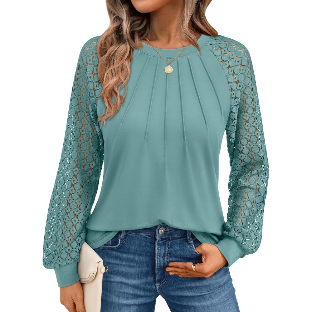 imageAUTOMET Womens Long Sleeve Shirts Pleated Lace Tops Fall Fashion Outfits Business Casual BlousesGreygreen