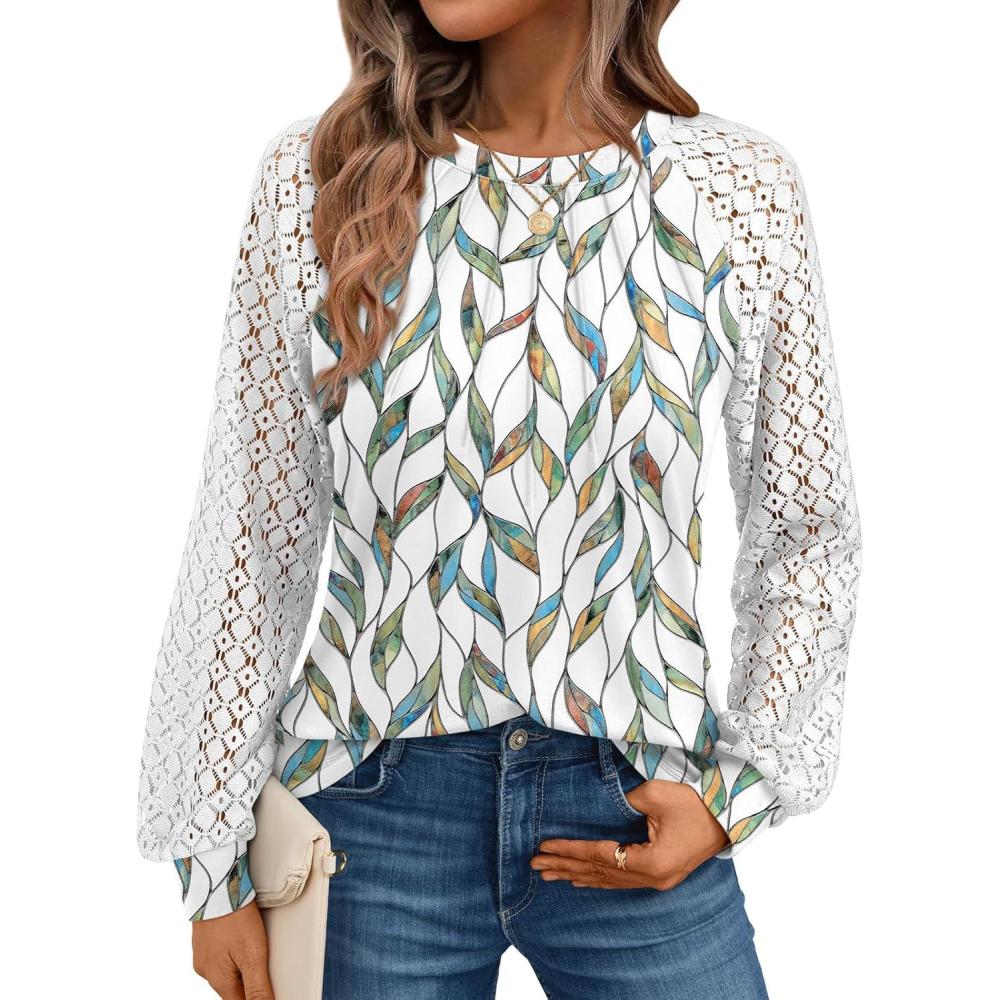 imageAUTOMET Womens Long Sleeve Shirts Pleated Lace Tops Fall Fashion Outfits Business Casual BlousesLeaf Multi