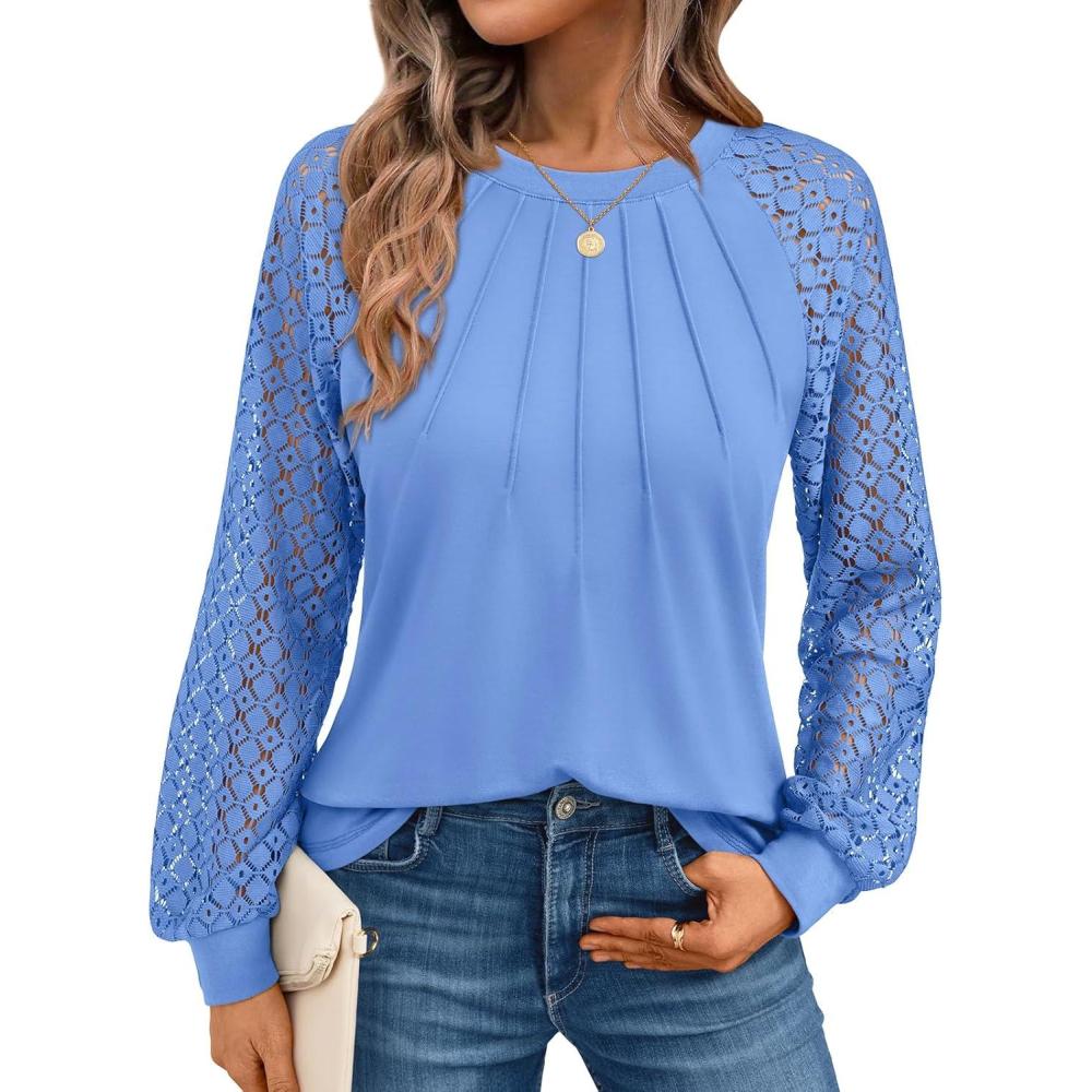 imageAUTOMET Womens Long Sleeve Shirts Pleated Lace Tops Fall Fashion Outfits Business Casual BlousesLightblue