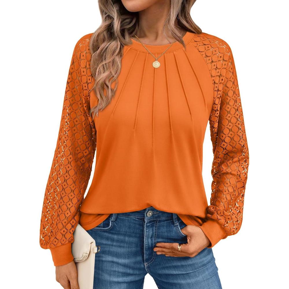imageAUTOMET Womens Long Sleeve Shirts Pleated Lace Tops Fall Fashion Outfits Business Casual BlousesLightorange
