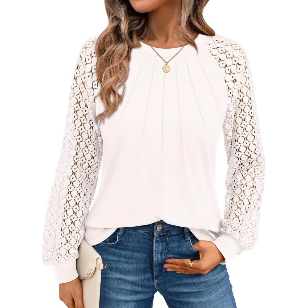 imageAUTOMET Womens Long Sleeve Shirts Pleated Lace Tops Fall Fashion Outfits Business Casual BlousesOatmeal