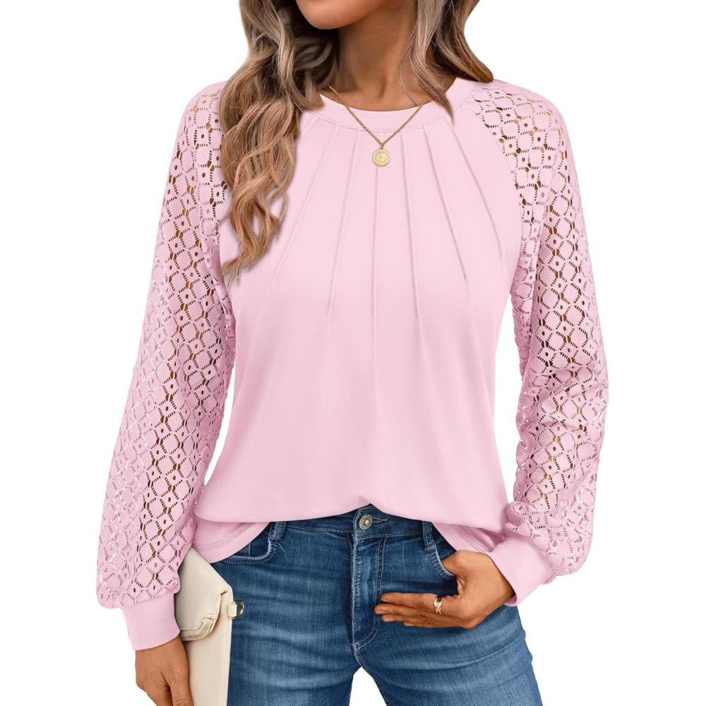 imageAUTOMET Womens Long Sleeve Shirts Pleated Lace Tops Fall Fashion Outfits Business Casual BlousesPink