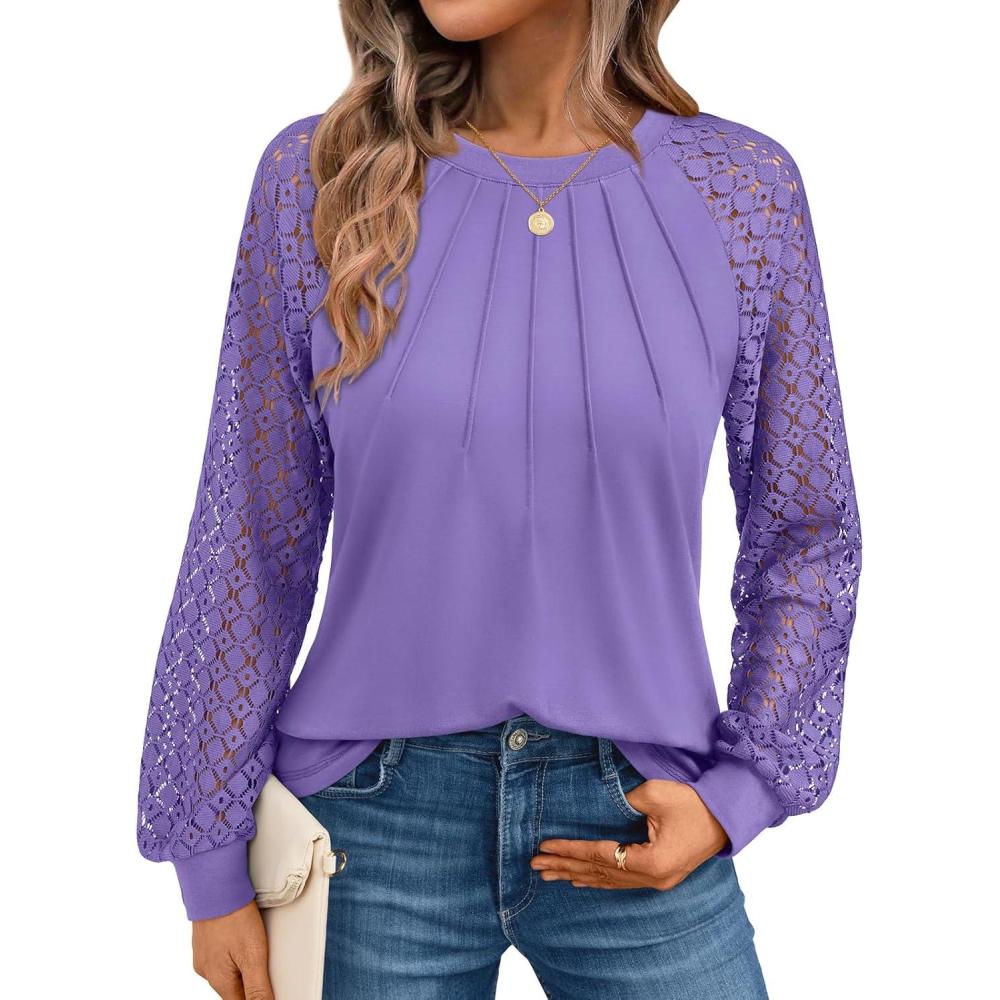 imageAUTOMET Womens Long Sleeve Shirts Pleated Lace Tops Fall Fashion Outfits Business Casual BlousesPurple