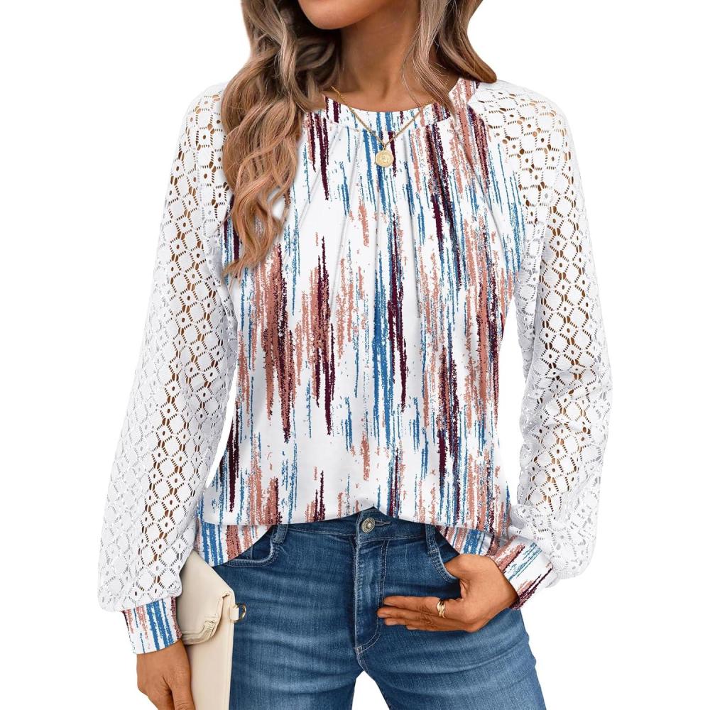 imageAUTOMET Womens Long Sleeve Shirts Pleated Lace Tops Fall Fashion Outfits Business Casual BlousesTiedye Multi