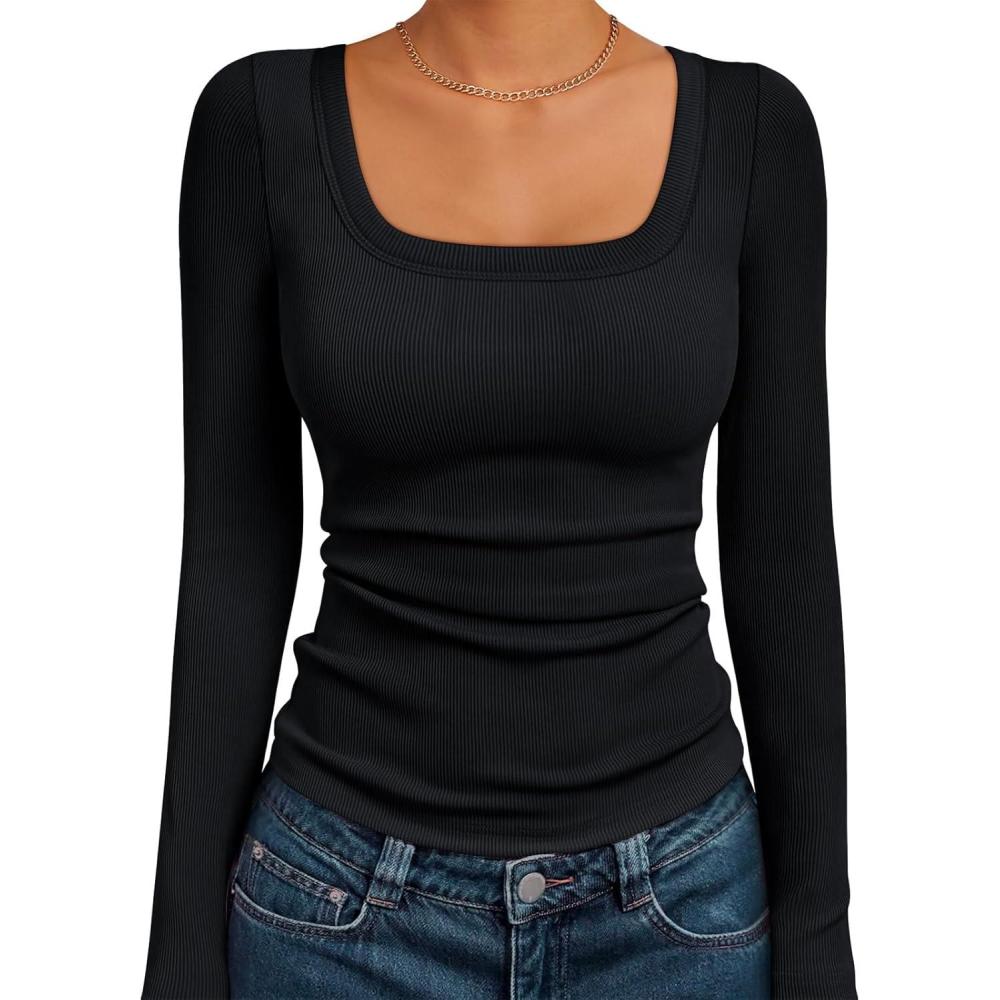imageAUTOMET Womens Long Sleeve Shirts Square Neck Tops Ribbed Knit Basic Teen Girls Crop Tops Fall Outfits Fashion Clothes 2025Black