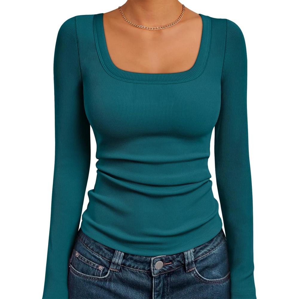 imageAUTOMET Womens Long Sleeve Shirts Square Neck Tops Ribbed Knit Basic Teen Girls Crop Tops Fall Outfits Fashion Clothes 2025Bluegreen