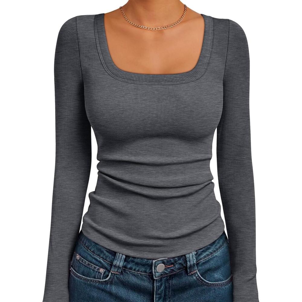imageAUTOMET Womens Long Sleeve Shirts Square Neck Tops Ribbed Knit Basic Teen Girls Crop Tops Fall Outfits Fashion Clothes 2025Darkgrey
