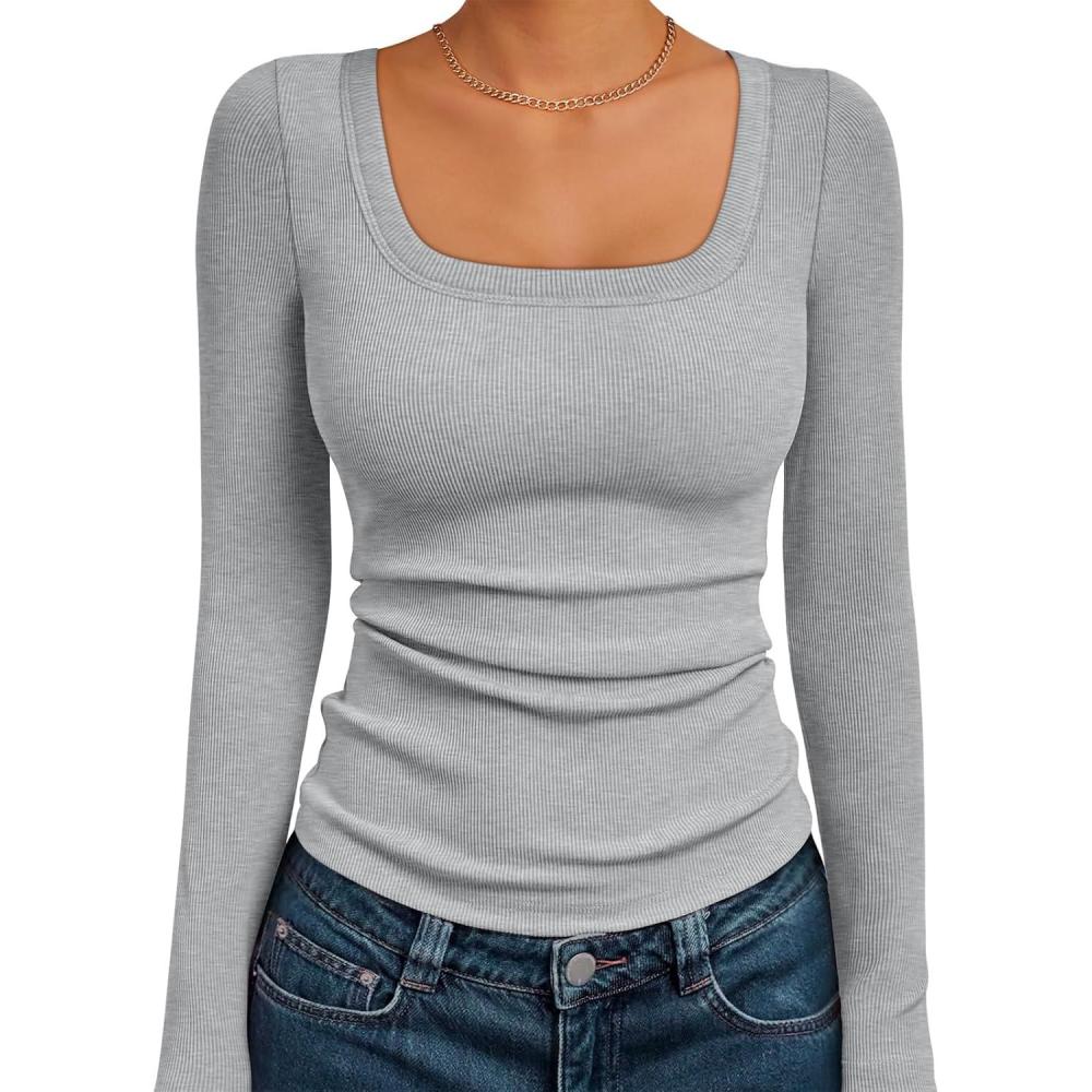 imageAUTOMET Womens Long Sleeve Shirts Square Neck Tops Ribbed Knit Basic Teen Girls Crop Tops Fall Outfits Fashion Clothes 2025Grey