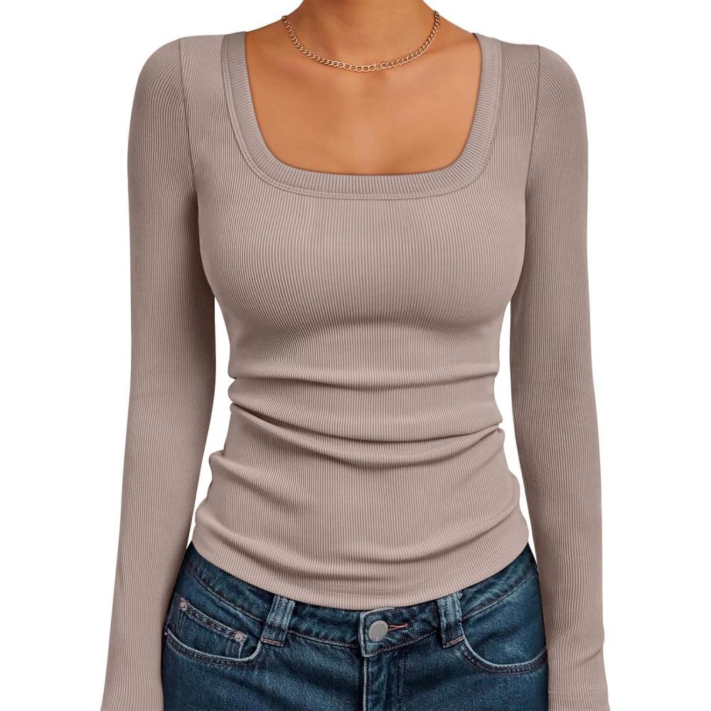 imageAUTOMET Womens Long Sleeve Shirts Square Neck Tops Ribbed Knit Basic Teen Girls Crop Tops Fall Outfits Fashion Clothes 2025Oatmeal
